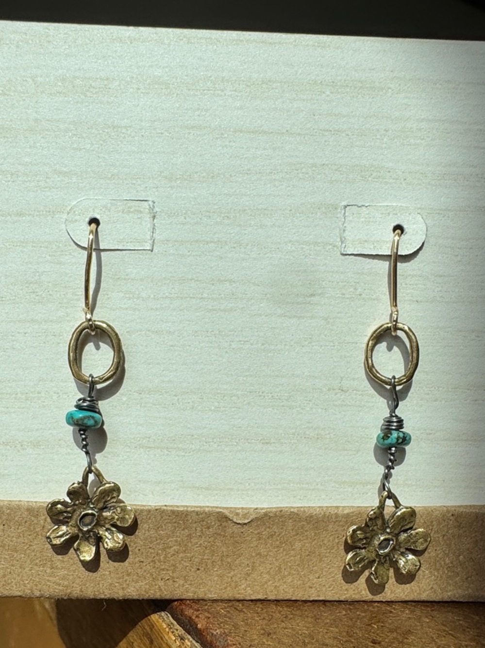 Handcrafted Brass Flower Drop Earrings with Turquoise Beads